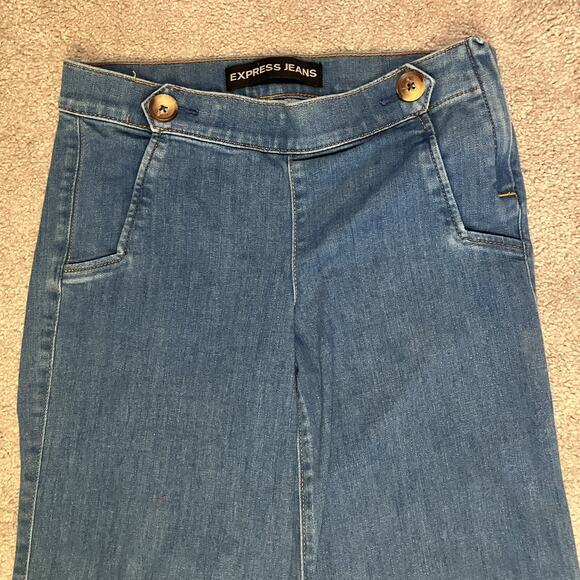 Express Womens Wide Leg Mid Rise Flare Jeans Medium Wash Size 0 1970s Hippie - Picture 7 of 14